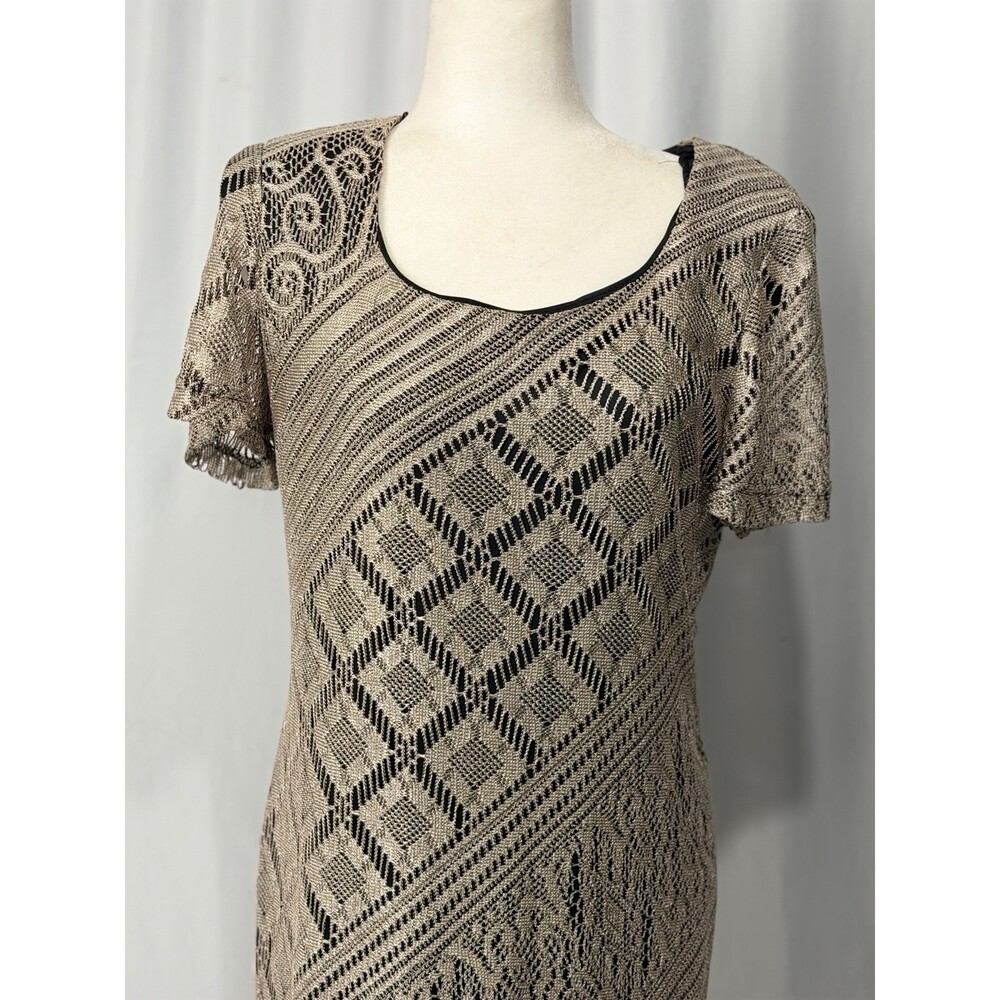 Vintage Helene Blake Crochet Lace Dress Sz 10 Gold Lurex Fringe Whimsigoth Boho - Picture 2 of 12